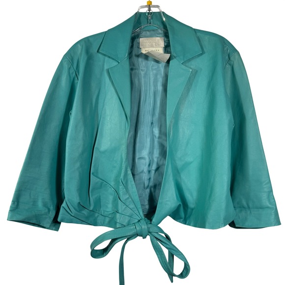 Badgley Mischka Jackets & Blazers - Badgley Mischka Vintage Teal Leather Jacket Silk Lined Cropped Tie Waist Sz M/8